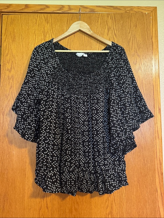 caffe marakesh Tops - Black Dotted Peasant Blouse - Women's Black Floral-Inspired Top